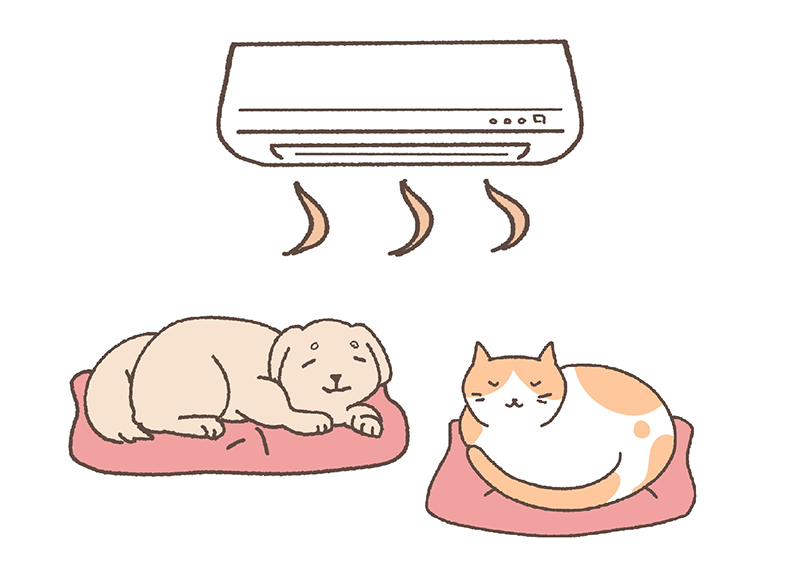 エアコンで暖をとる犬と猫